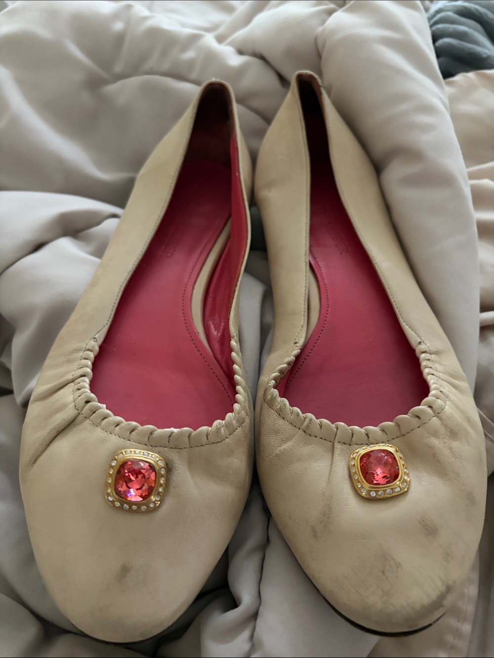 Women's Beige Ballet Flats with Pink Insole and Gem Accent